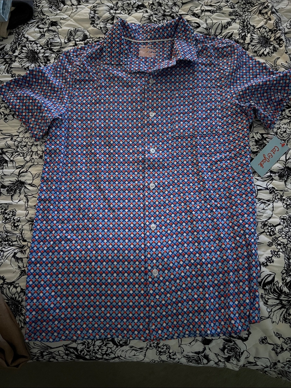 Cat & Jack Short-Sleeve Button-Down Shirt in Blue and Red Geometric Print